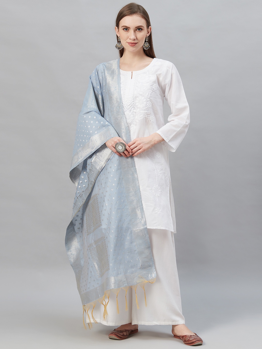 

Indo Era Women Blue & Silver Woven Design Tasselled Dupatta