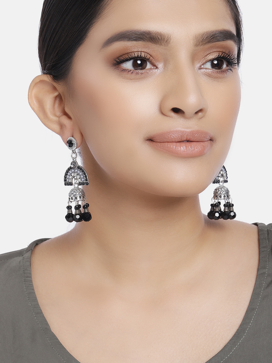 

Ayesha Silver-Toned & Black Oxidised Jhumkas