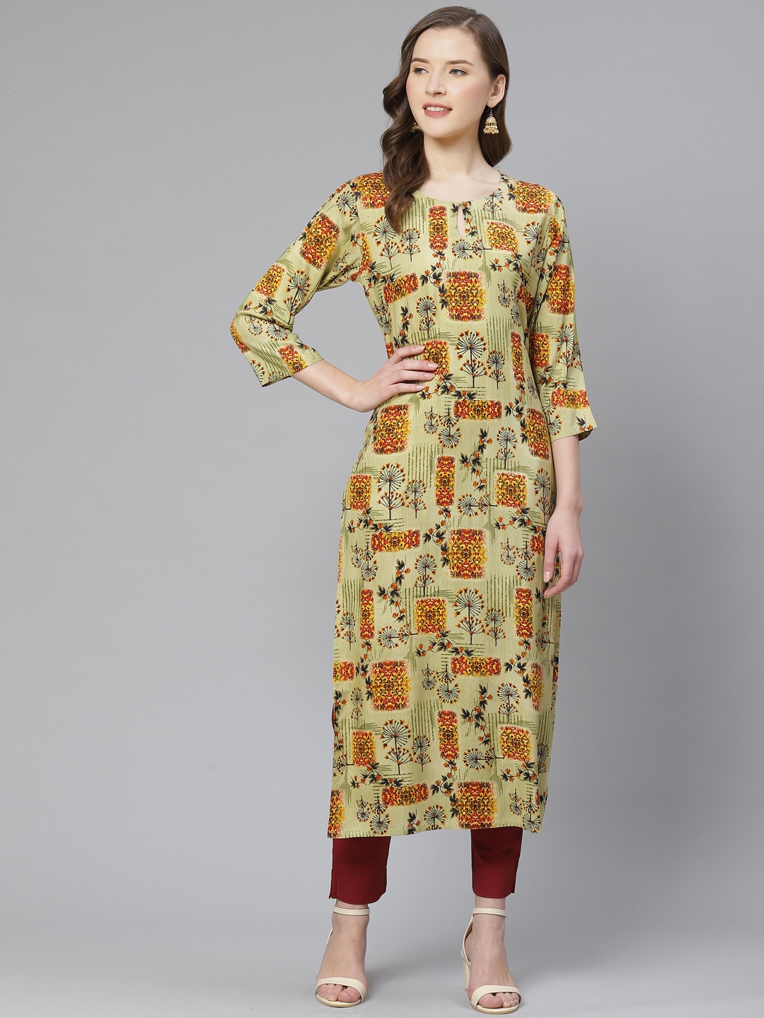 

Ginni Arora Label Women Green & Rust Red Printed Straight Kurta