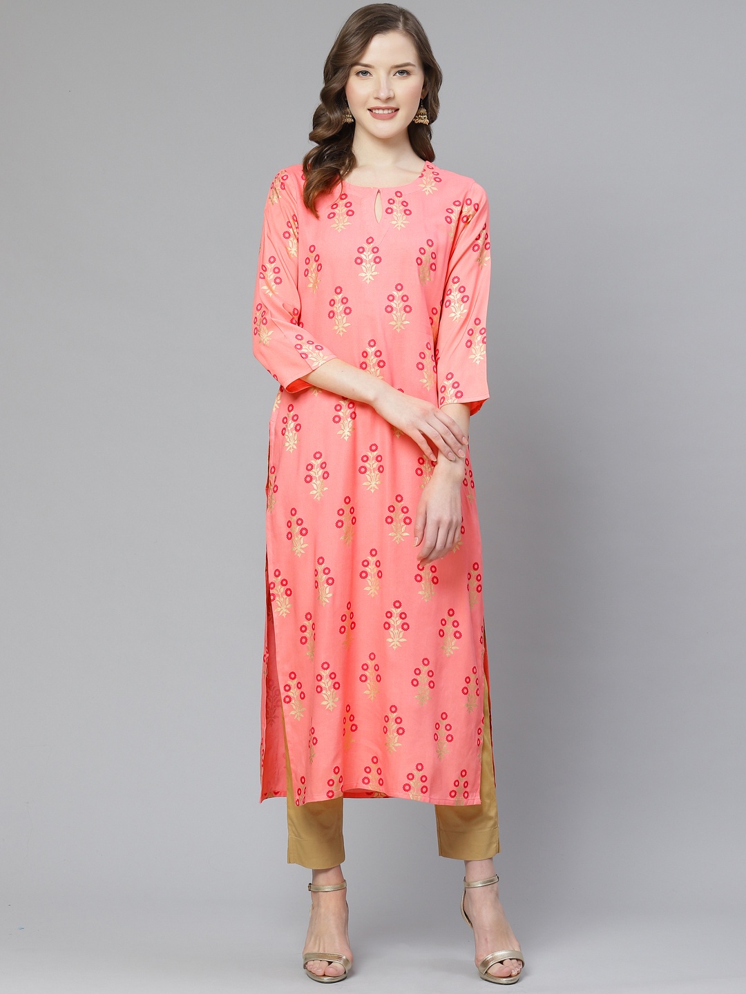

Ginni Arora Label Women Pink & Red Floral Foil Printed Straight Kurta