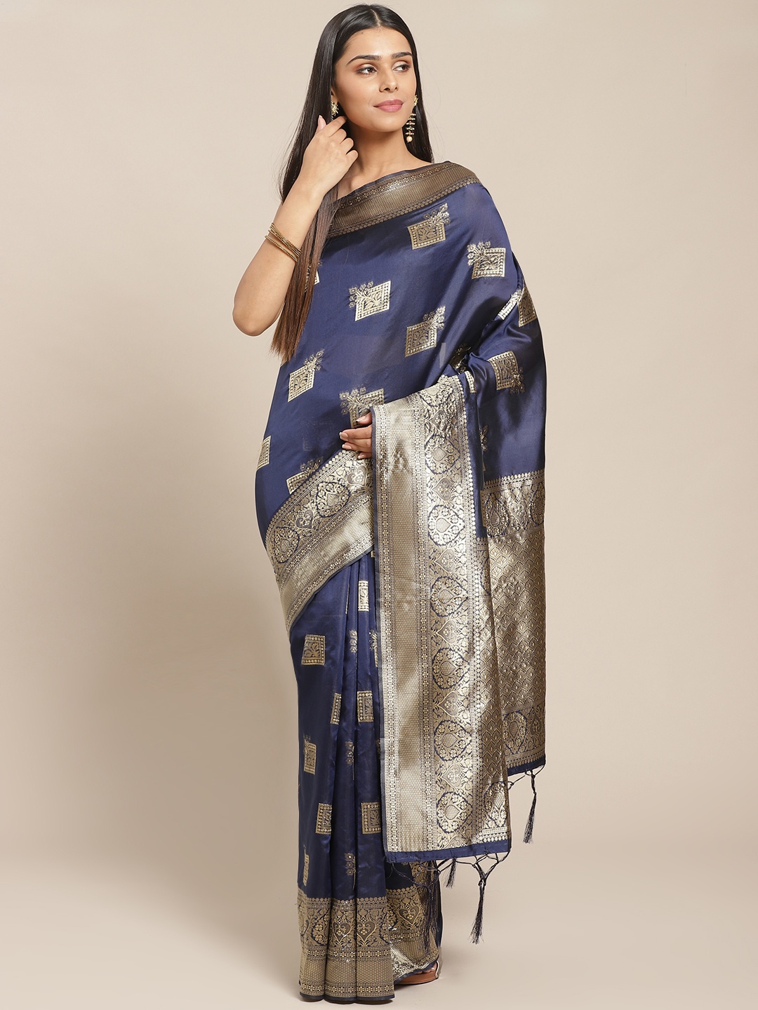 

Saree mall Navy Blue & Golden Zari Woven Design Banarasi Saree