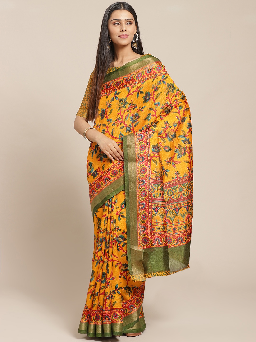 

Saree mall Mustard Yellow & Green Floral Printed Saree