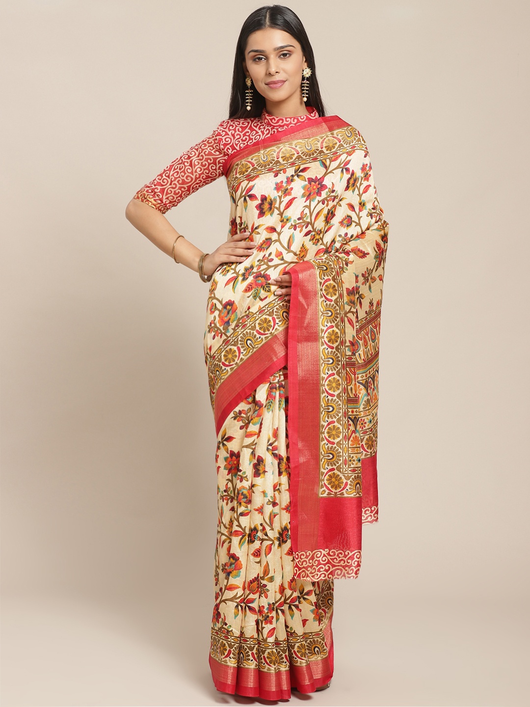 

Saree mall Cream-Coloured & Red Floral Printed Saree