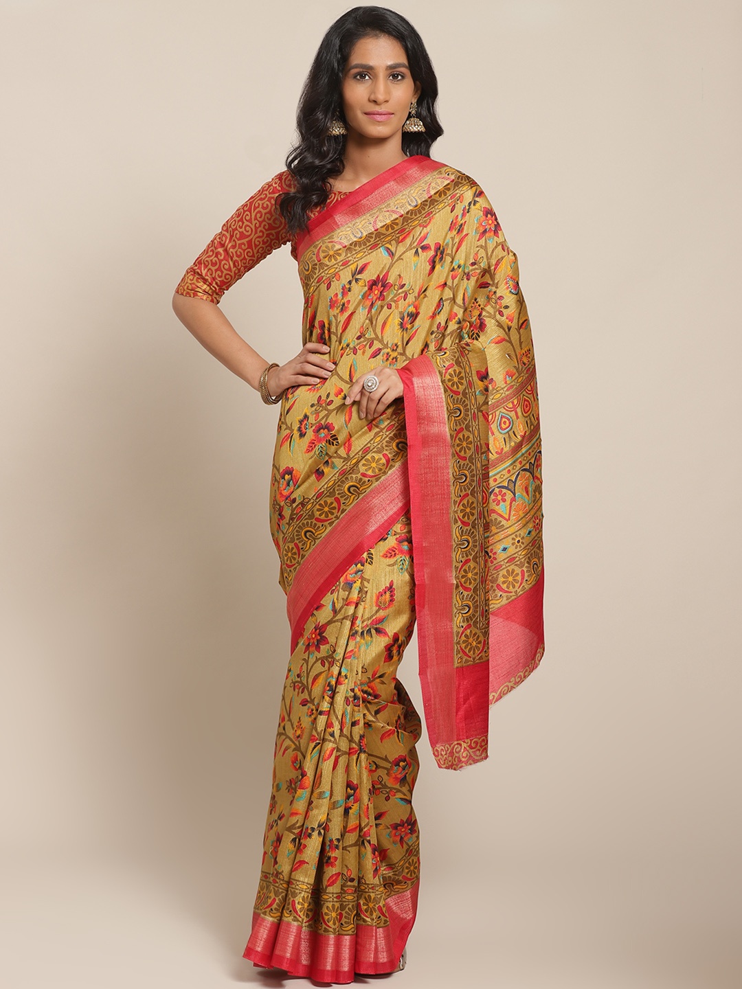 

Saree mall Olive Green & Red Floral Print Saree