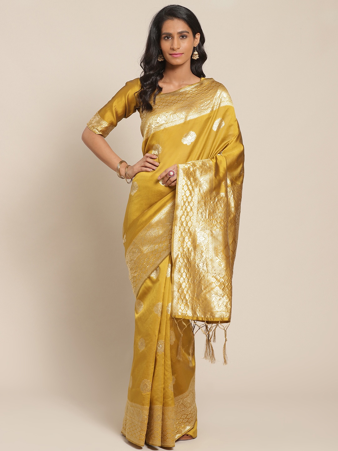 

Saree mall Mustard Yellow & Golden Ethnic Woven Design Banarasi Saree