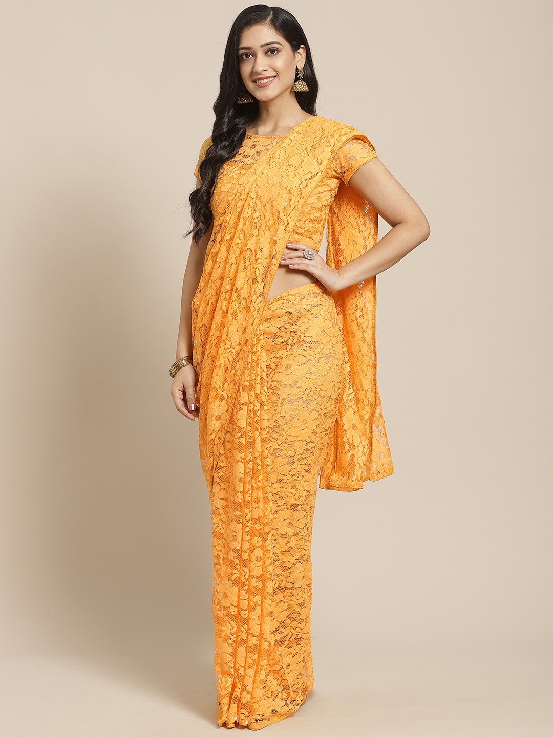 

Saree mall Mustard Yellow Floral Woven-Design Net Saree