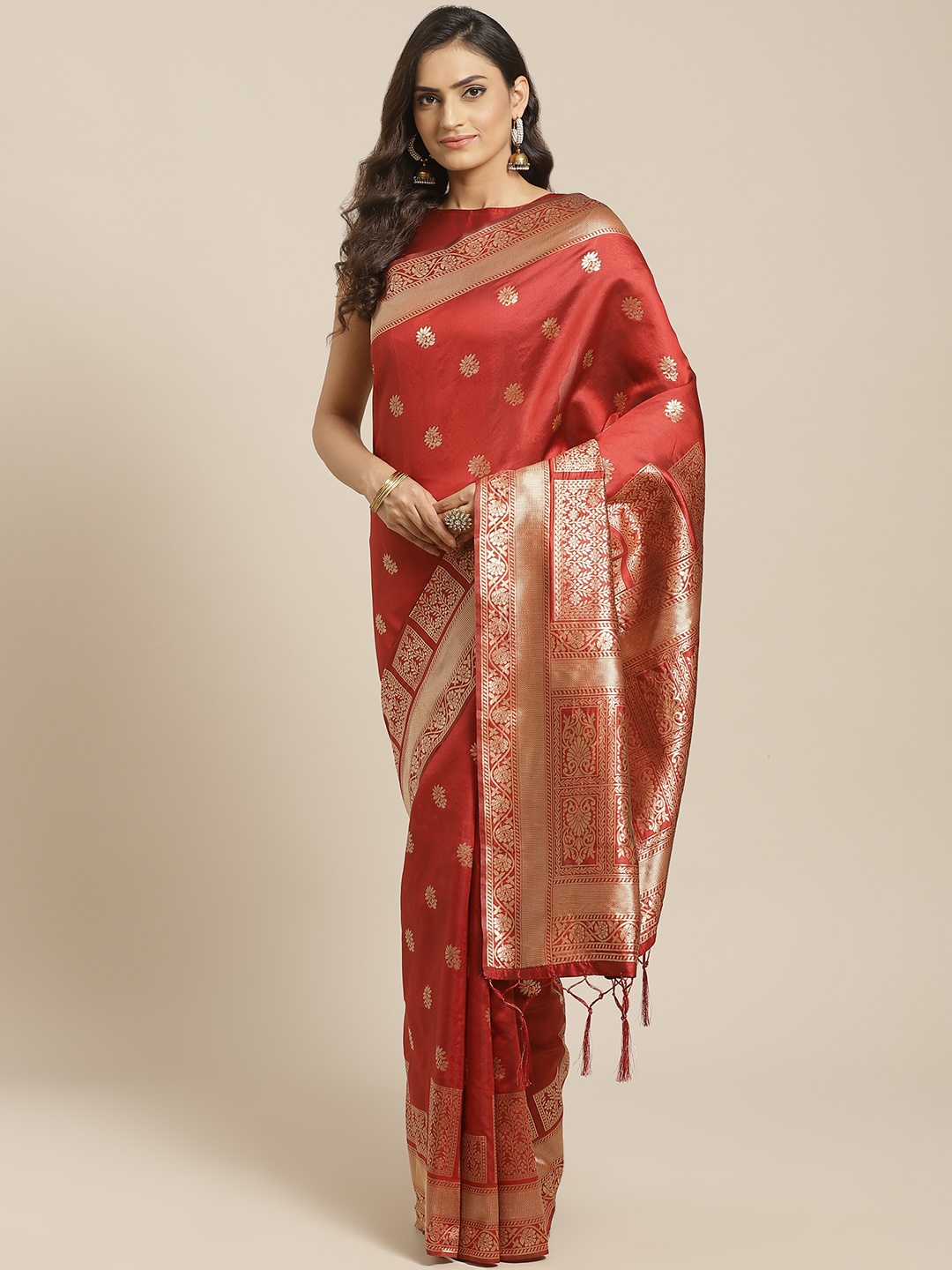 

Saree mall Red & Golden Silk Blend Woven Design Banarasi Saree