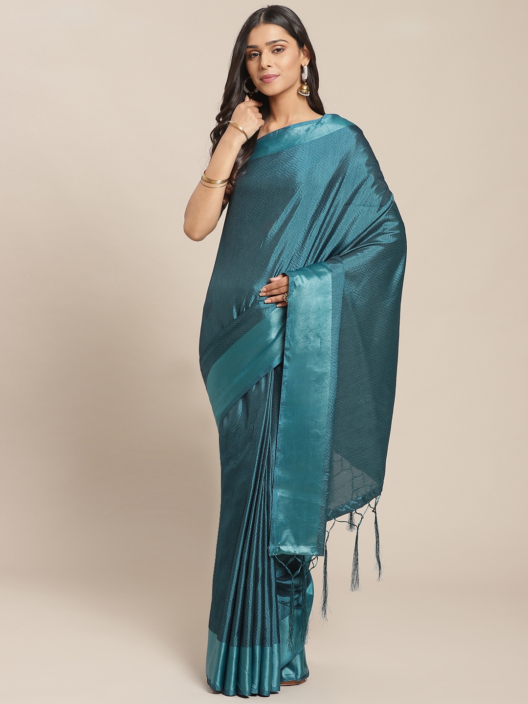 

Saree mall Teal Blue Micro Ditsy Woven Design Satin Saree