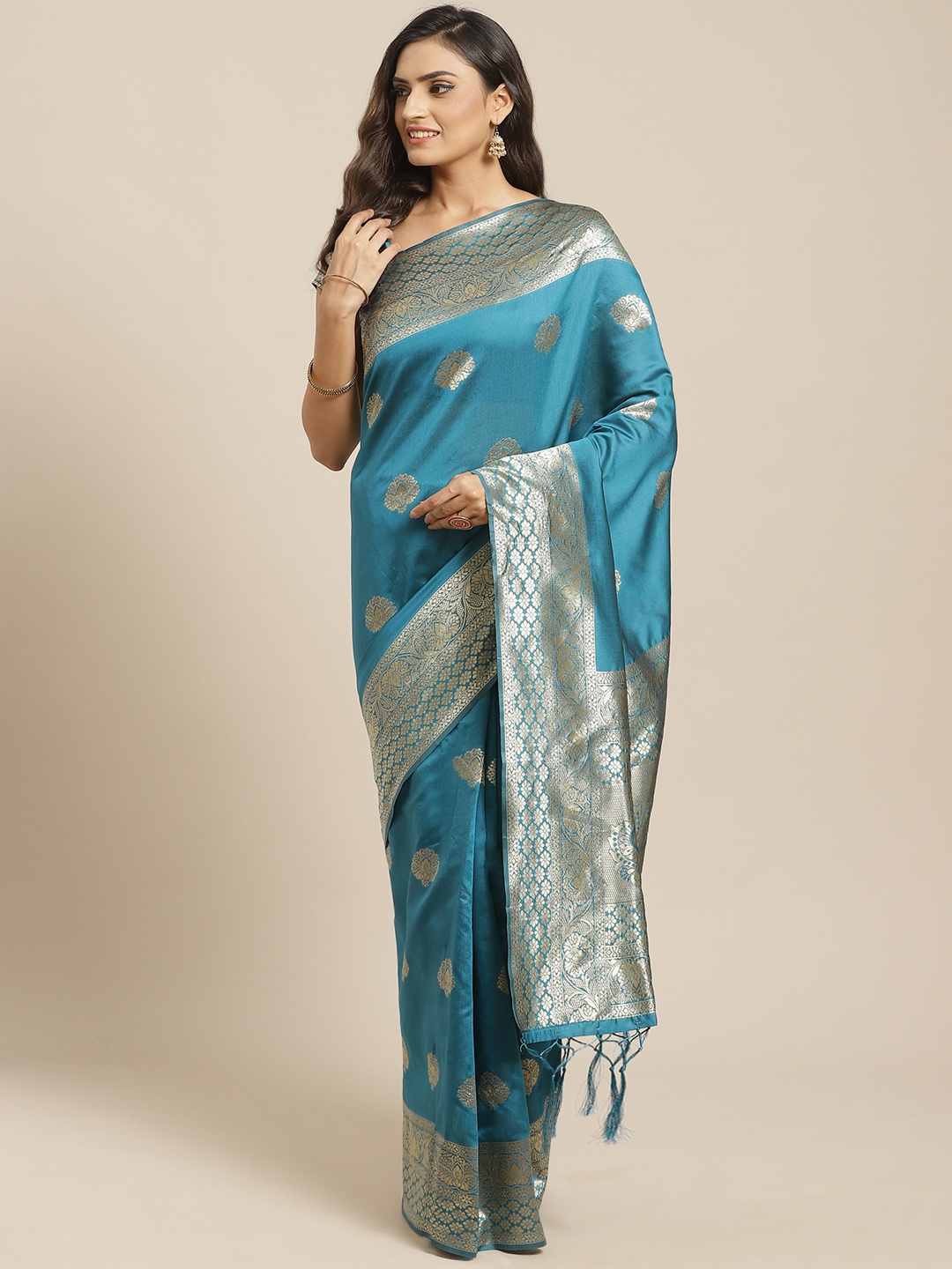 

Saree mall Teal Blue & Gold-Toned Zari Work Woven Design Banarasi Saree