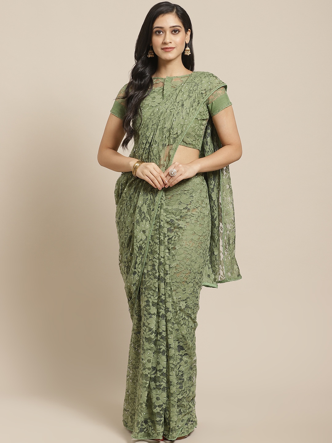 

Saree mall Olive Green Floral Embroidered Net Saree