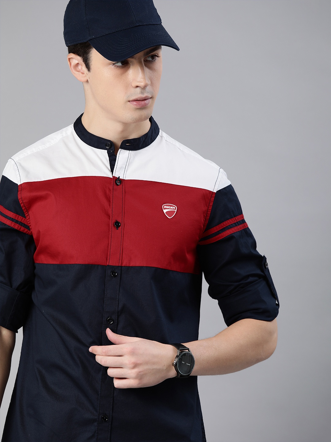 

Ducati Men Navy Blue & Red Slim Fit Colourblocked Casual Shirt