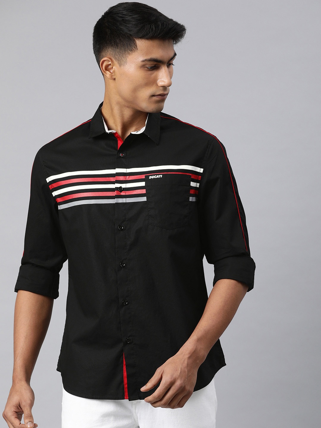 

Ducati Men Black & Red Slim Fit Striped Casual Shirt