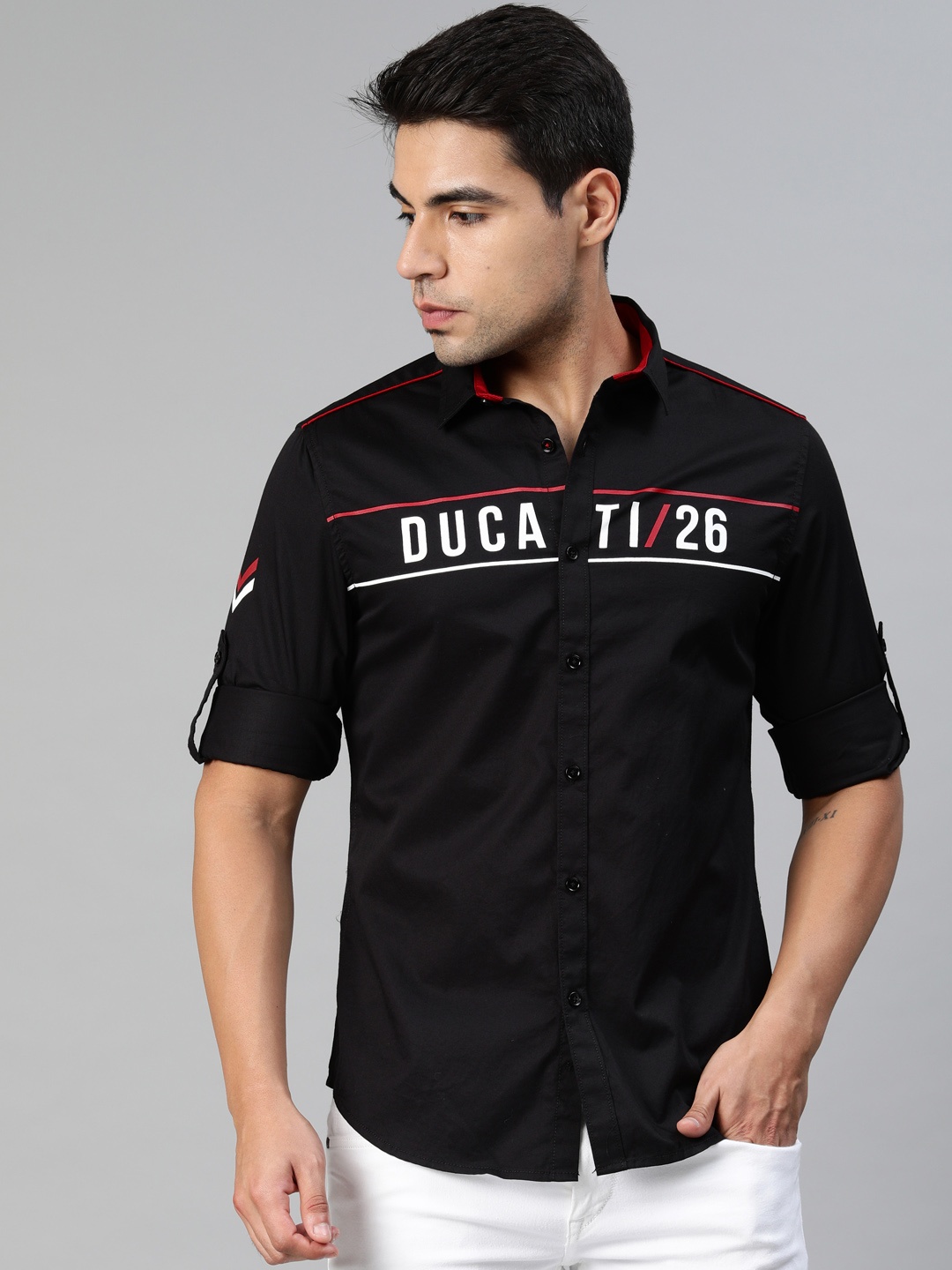 

Ducati Men Black & White Slim Fit Printed Casual Shirt