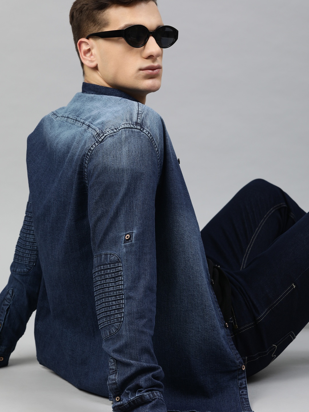 

Ducati Men Navy Blue Washed Denim Shirt with Elbow Patch Detail