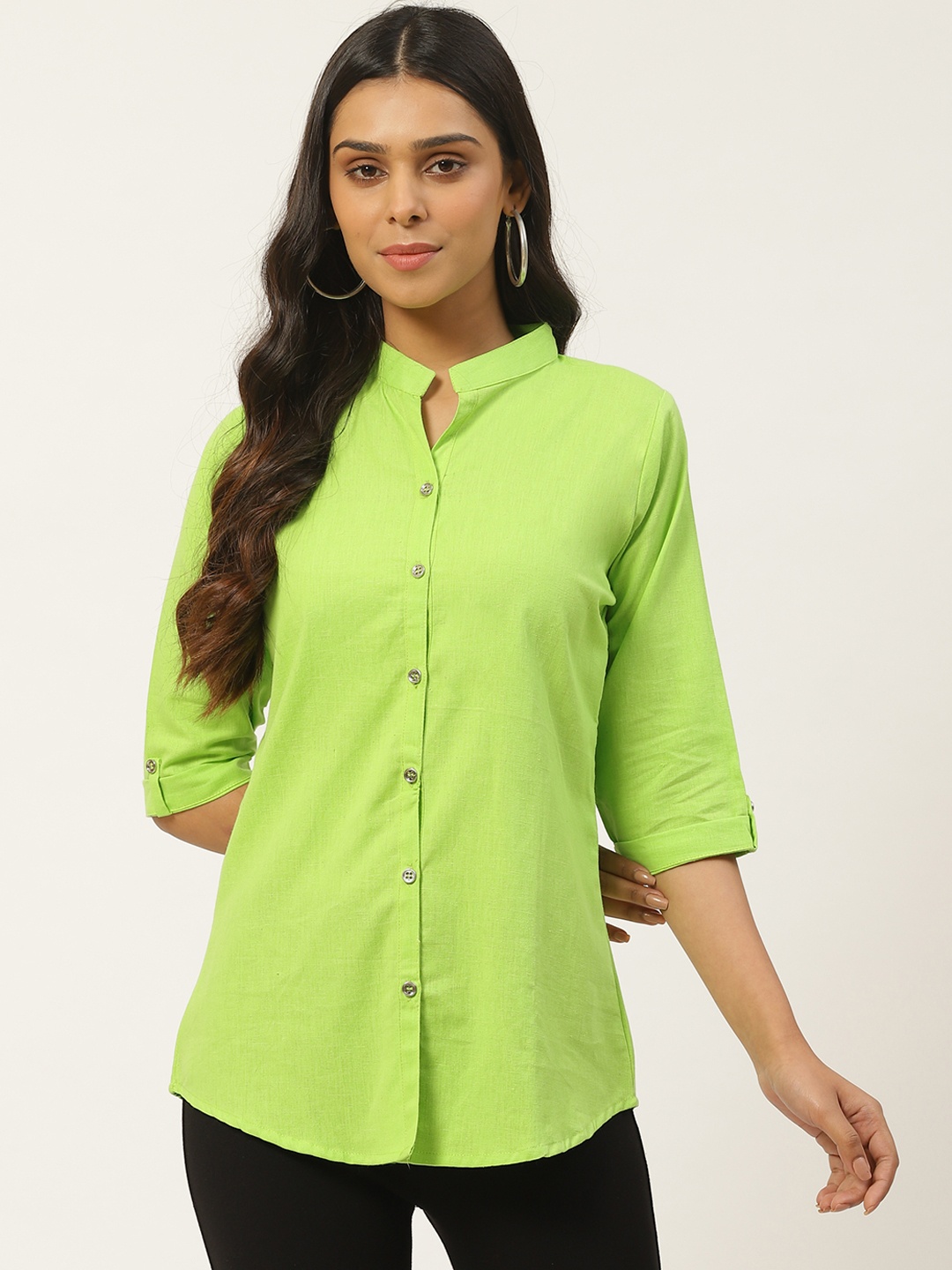 

Vastraa Fusion Women Lime Green Regular Fit Solid Casual Shirt