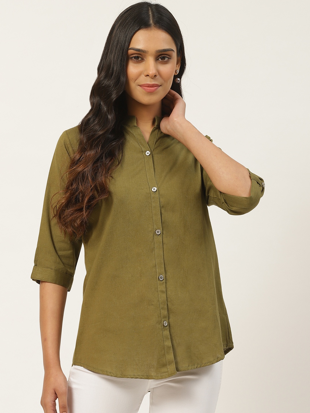 

Vastraa Fusion Women Olive Green Regular Fit Solid Casual Shirt
