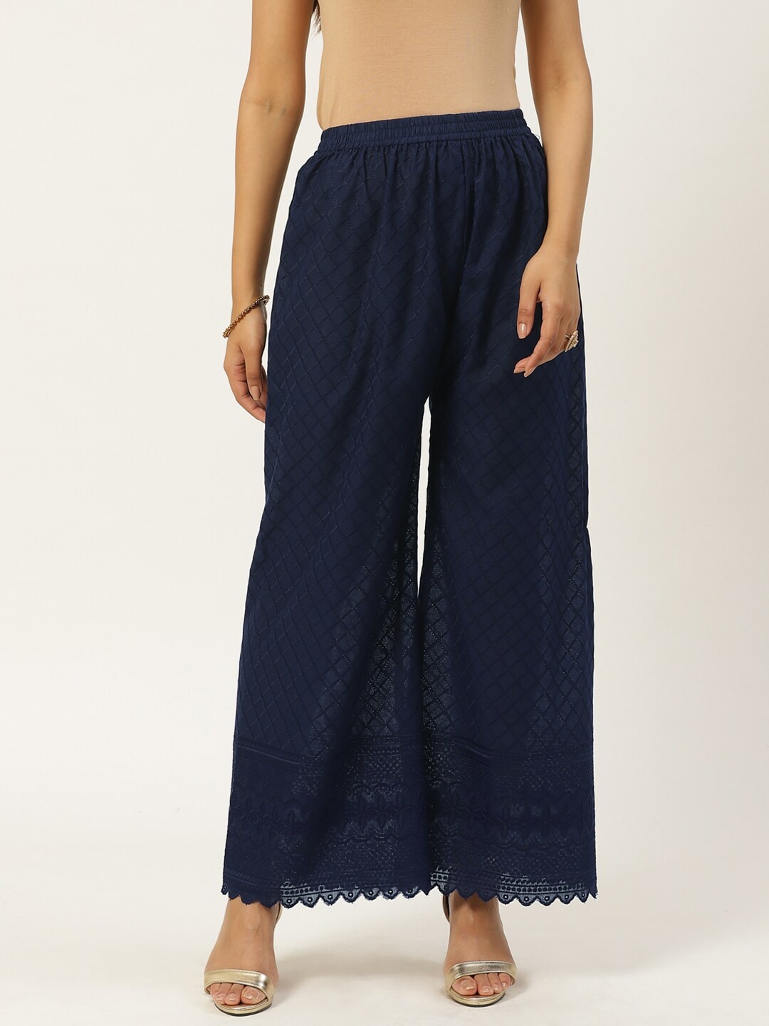 

Vastraa Fusion Women Navy Blue Chikankari Embroidered Wide Leg Palazzos