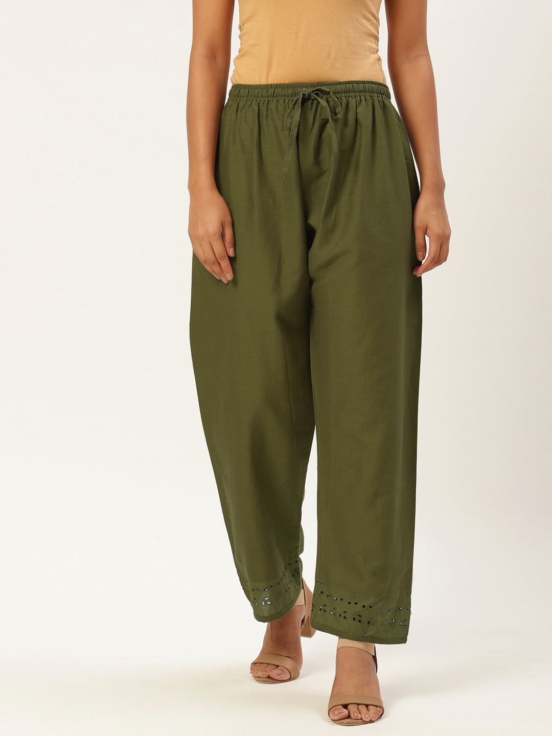 

Vastraa Fusion Women Olive Green Hem Design Straight Palazzos