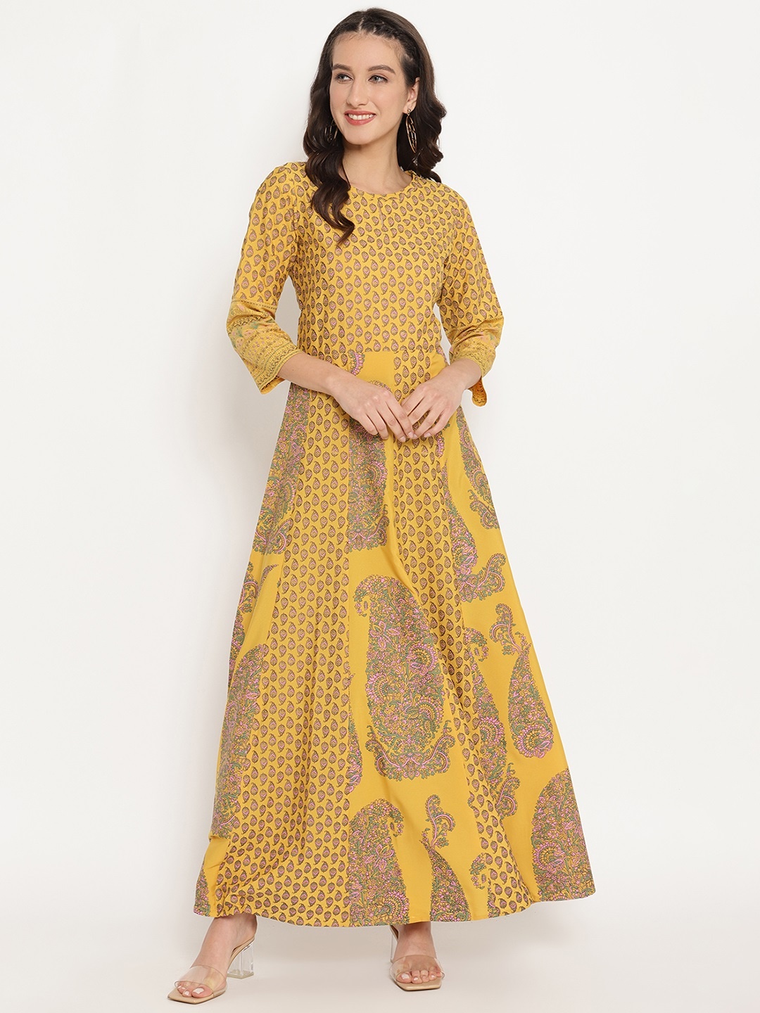 

Ahalyaa Women Mustard Yellow & Grey Printed Fit and Flare Maxi Dress