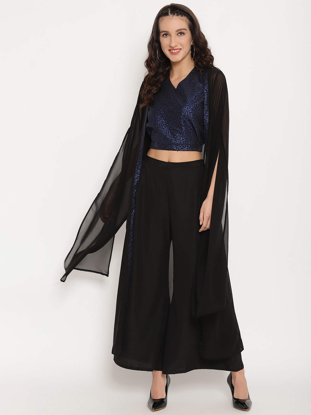 

Ahalyaa Women Black & Blue Printed Crop Top with Palazzos & Jacket