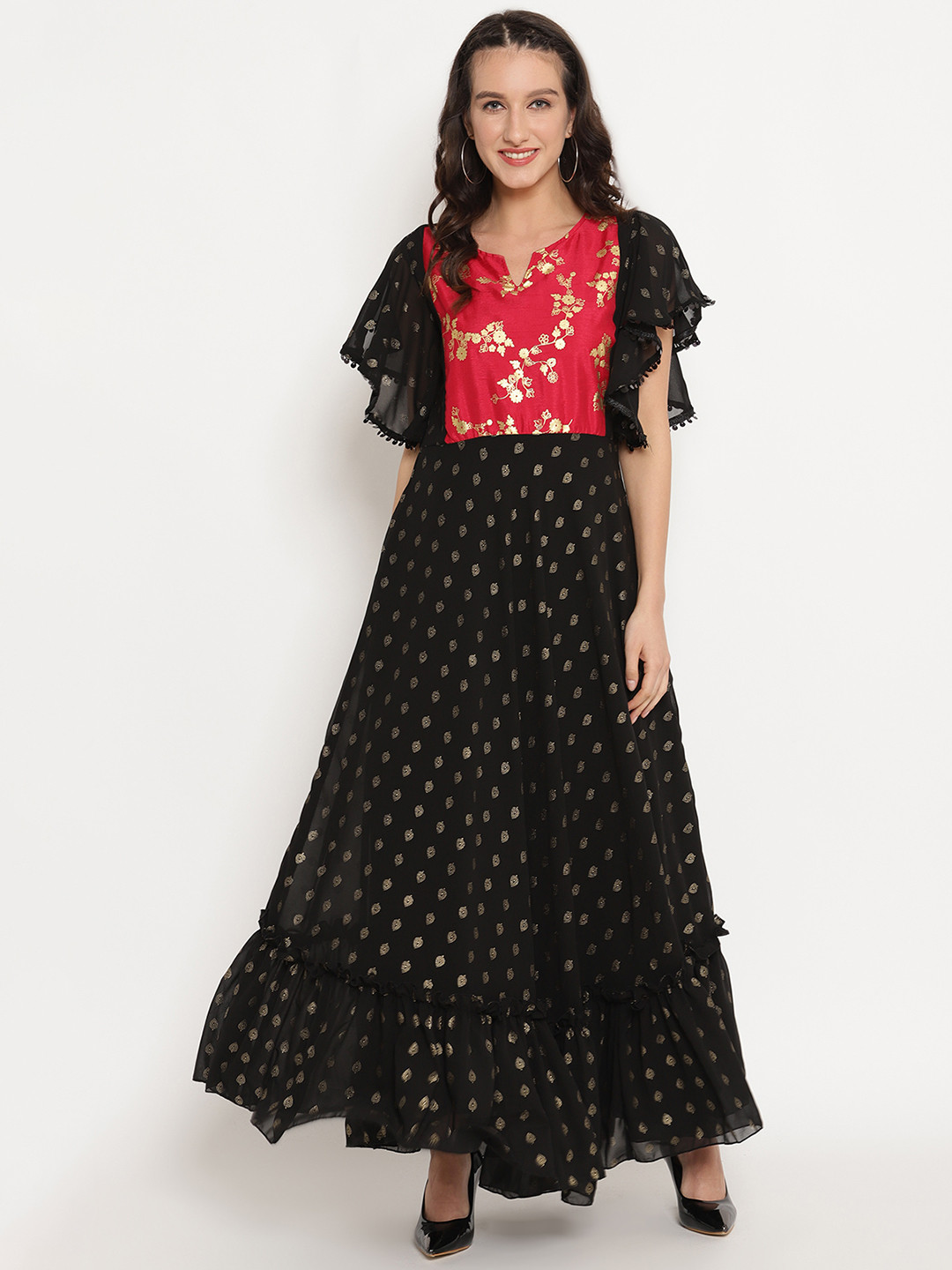 

Ahalyaa Women Black & Red Printed A-Line Maxi Dress