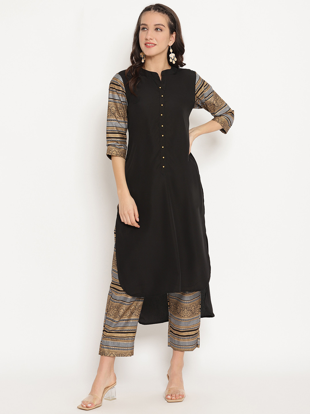 

Ahalyaa Women Black & Golden Printed High Low Kurta with Trousers