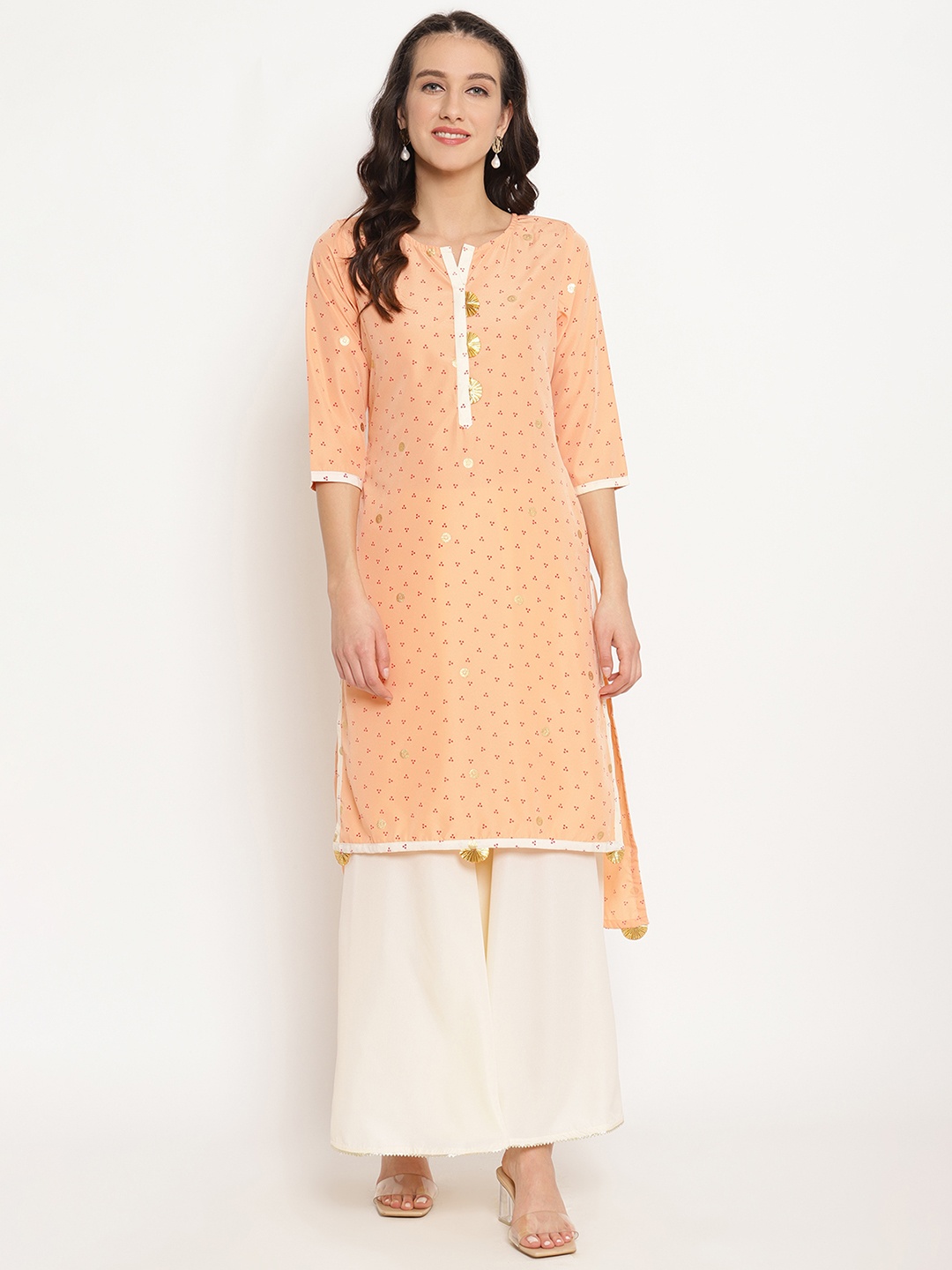 

Ahalyaa Women Peach-Coloured & Red Bandhani Print High Low Straight Kurta
