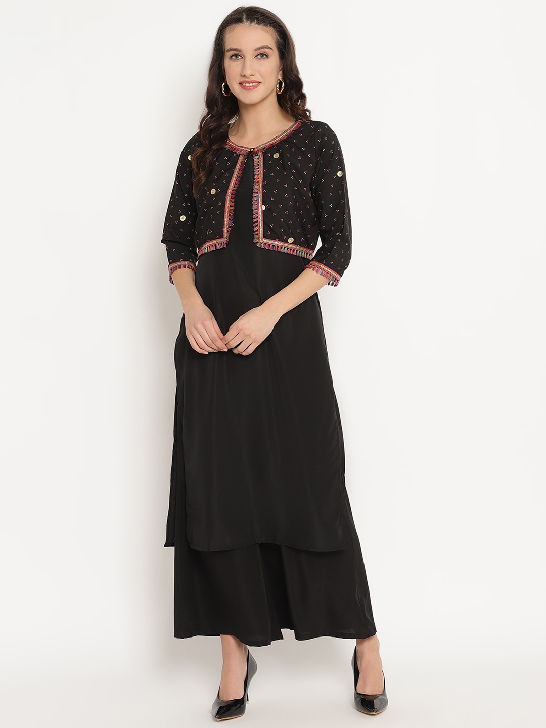 

Ahalyaa Women Black & Pink Solid A-Line Kurta with Jacket