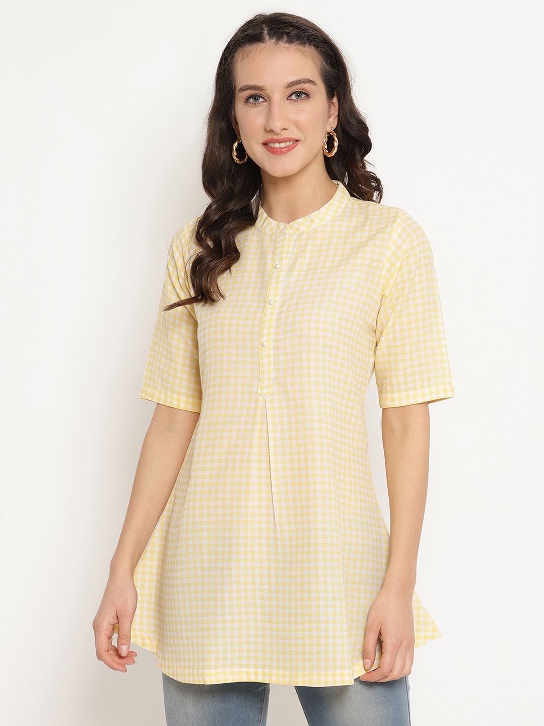 

Ahalyaa Women Yellow & Off-White Checked Tunic
