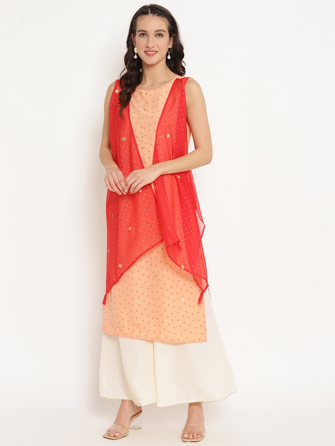 

Ahalyaa Women Peach-Coloured & Red Bandhani Print Straight Kurta with Shrug