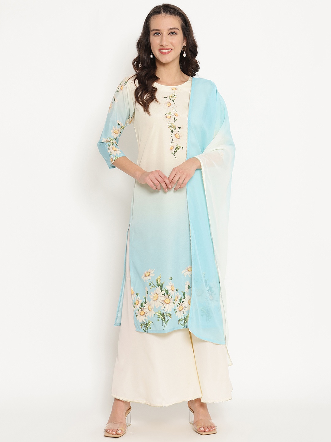 

Ahalyaa Women Off-White & Blue Printed Kurta with Sharara & Dupatta