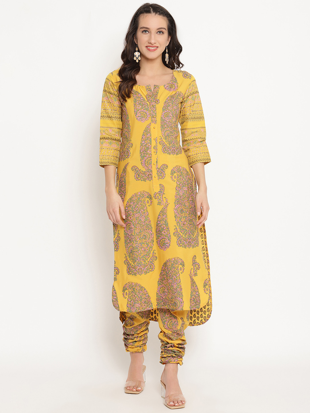 

Ahalyaa Women Mustard Yellow & Pink Paisley Print Kurta with Churidar