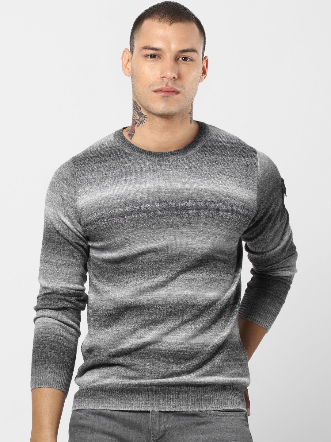 

Jack & Jones Men Grey Striped Slim Fit Pullover Sweater