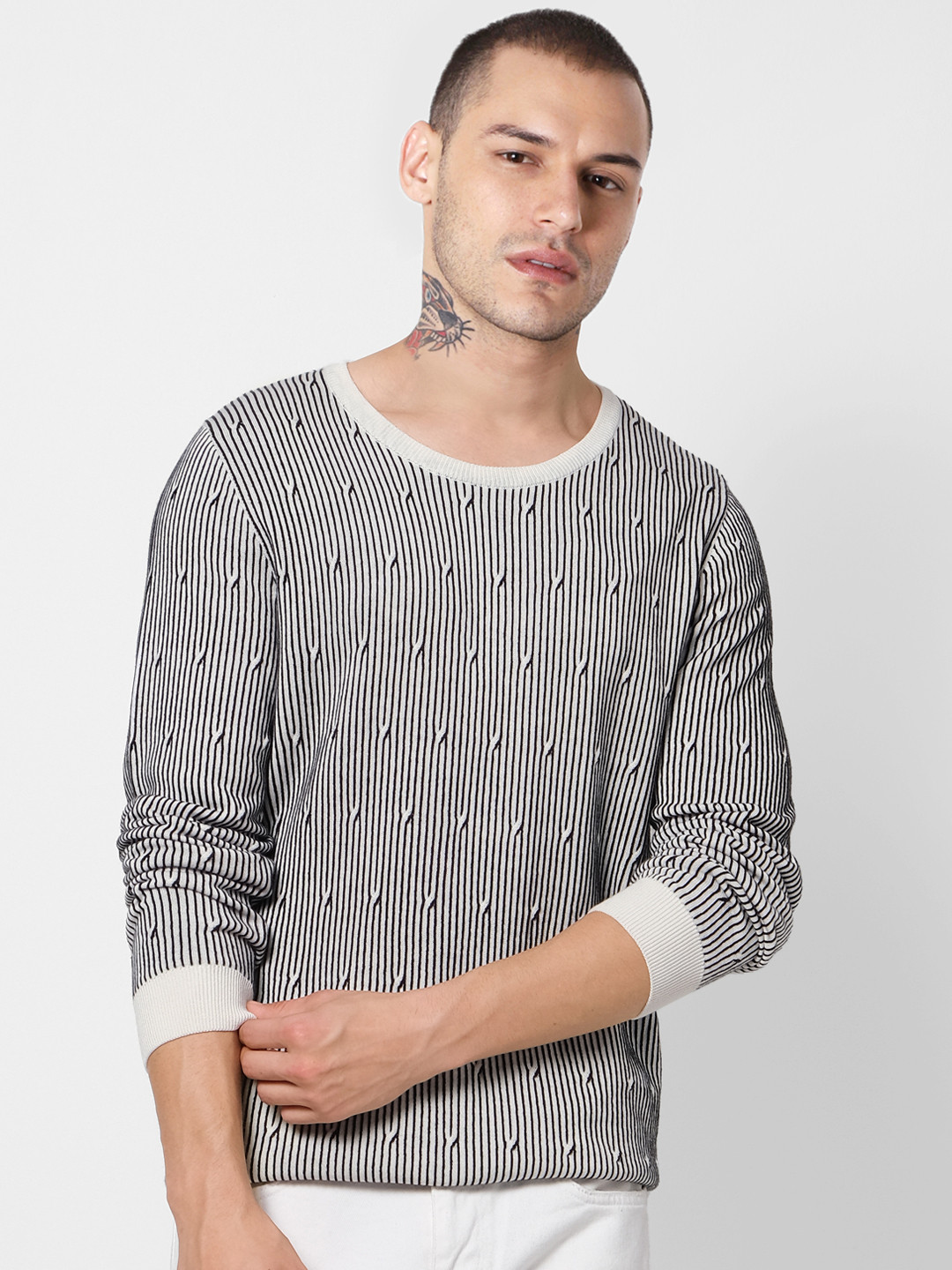 

Jack & Jones Men White & Black Slim Fit Striped Pullover Sweater