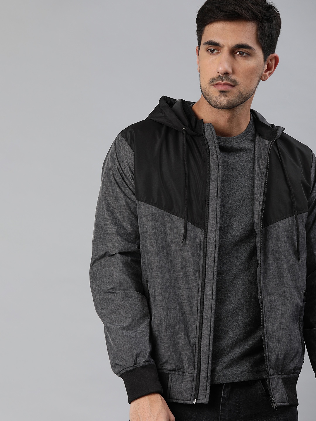 

WROGN Men Black & Charcoal Grey Slim Fit Colourblocked Hooded Bomber Jacket