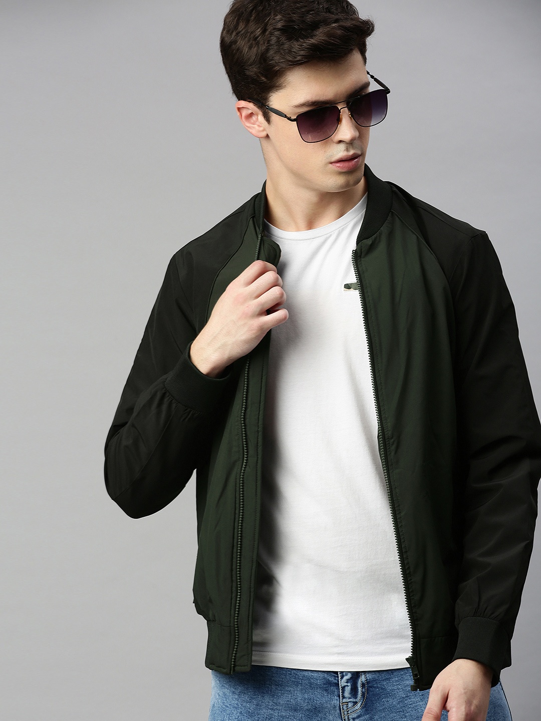 

WROGN Men Olive Green Slim Fit Solid Bomber Jacket