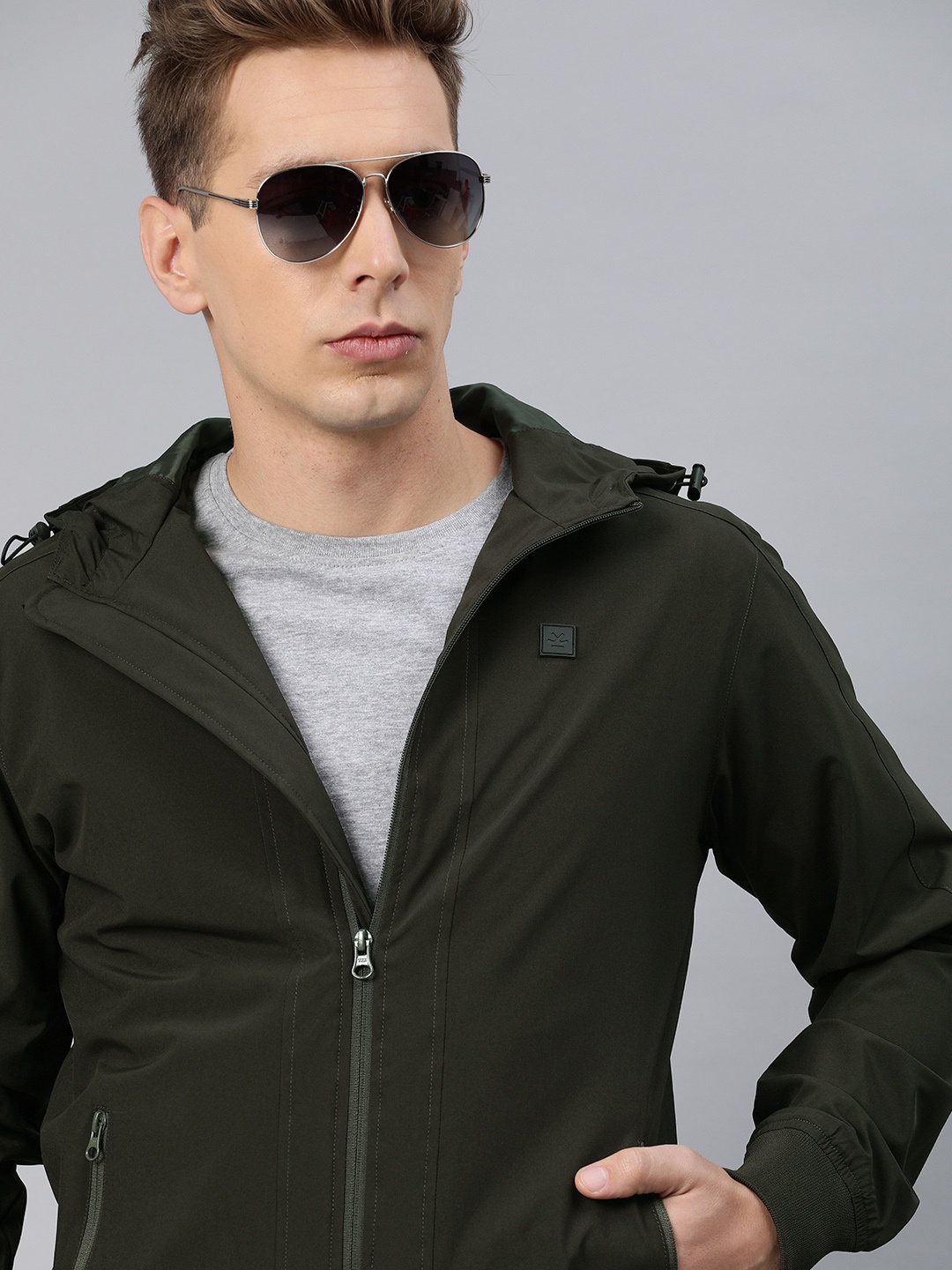 

WROGN Men Olive Green Slim Fit Solid Bomber Jacket