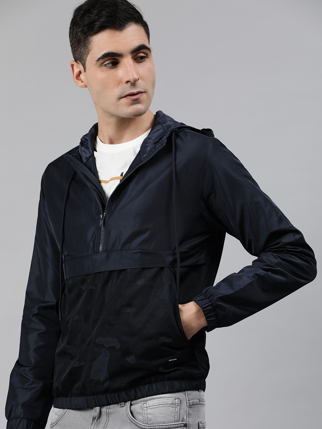 

WROGN Men Navy Blue Solid Hooded Sweatshirt