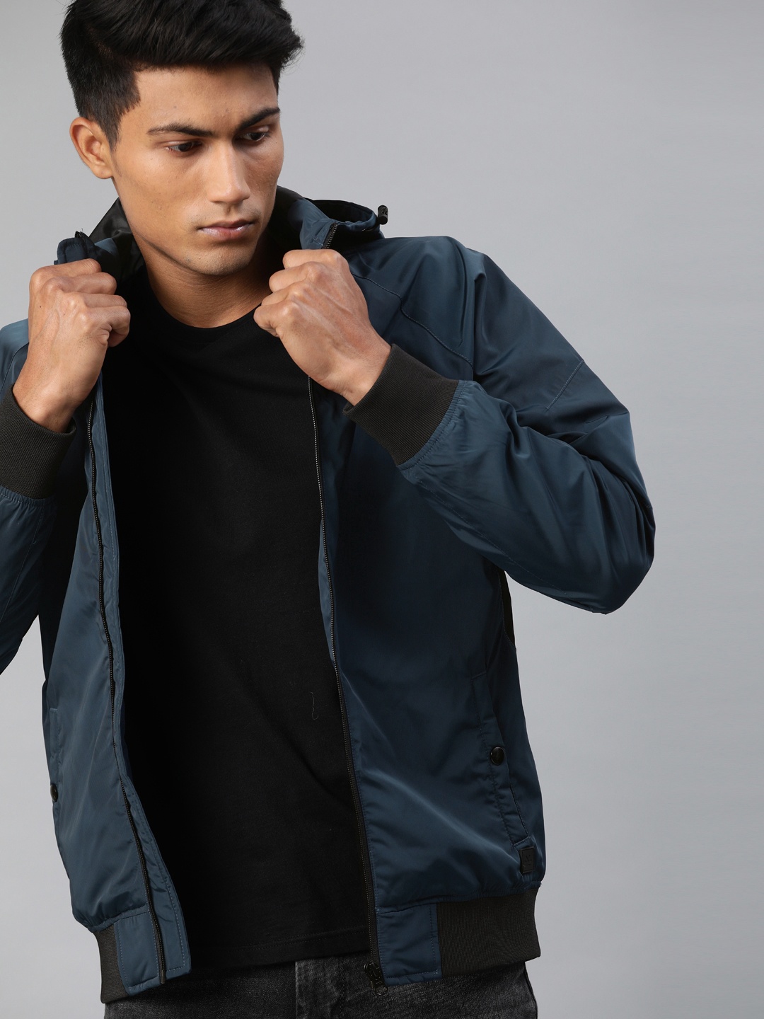 

WROGN Men Blue Solid Slim Fit Bomber