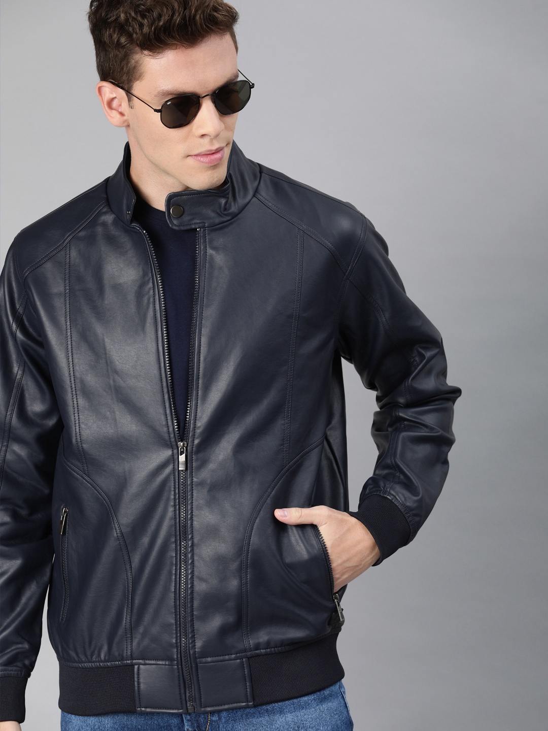 

WROGN Men Navy Blue Solid Biker Jacket