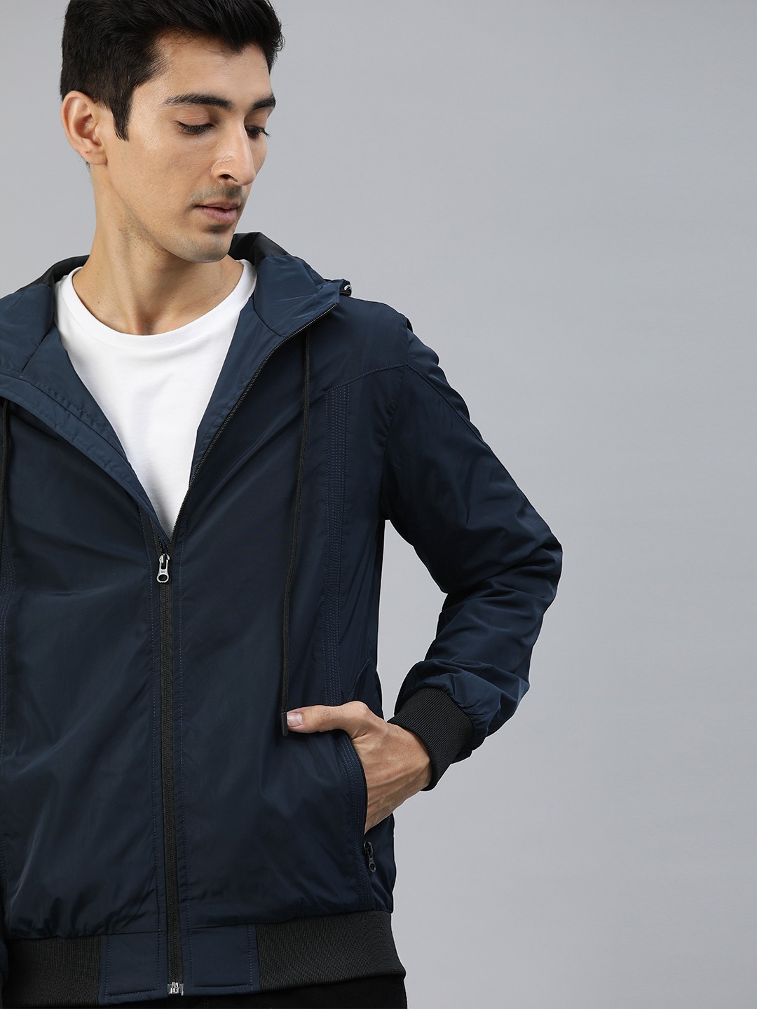 

WROGN Men Navy Blue Slim Fit Solid Bomber Jacket