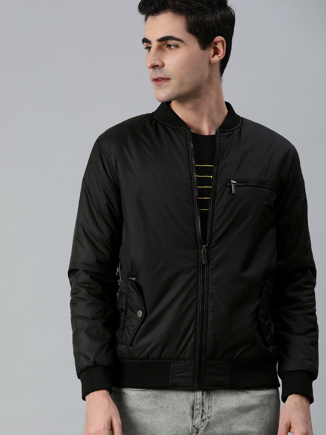 

WROGN Men Black Slim Fit Solid Bomber Jacket