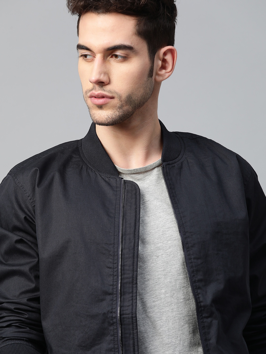 

WROGN Men Navy Blue Solid Bomber Jacket