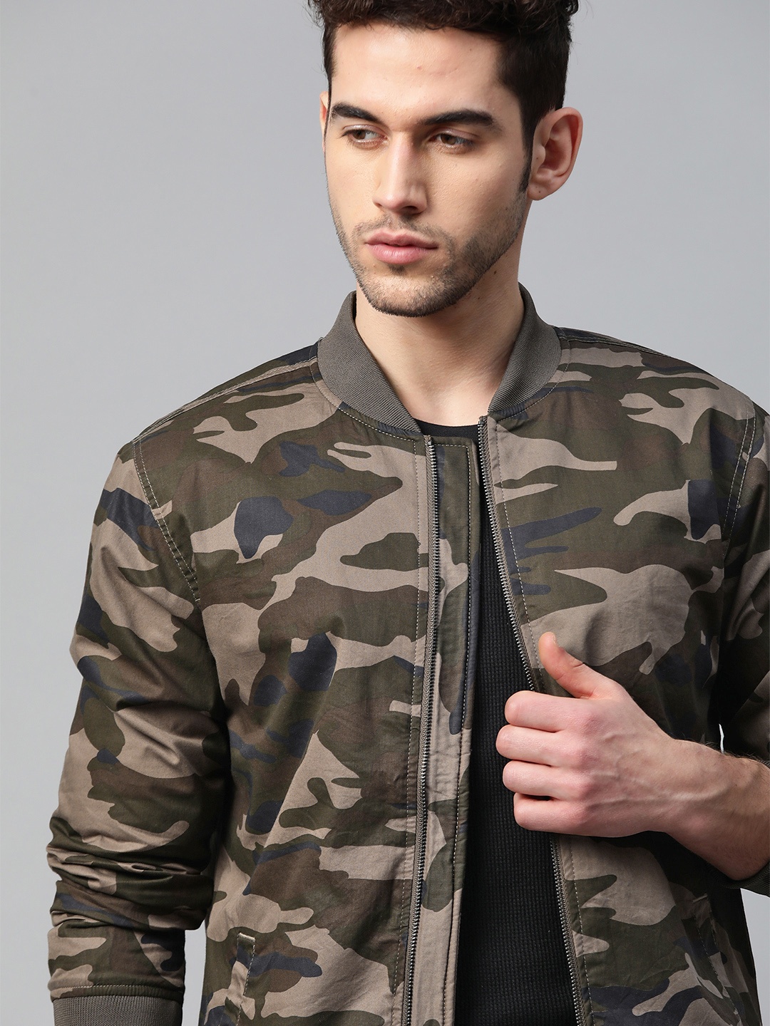 

WROGN Men Olive Green & Brown Camouflage Print Bomber Jacket