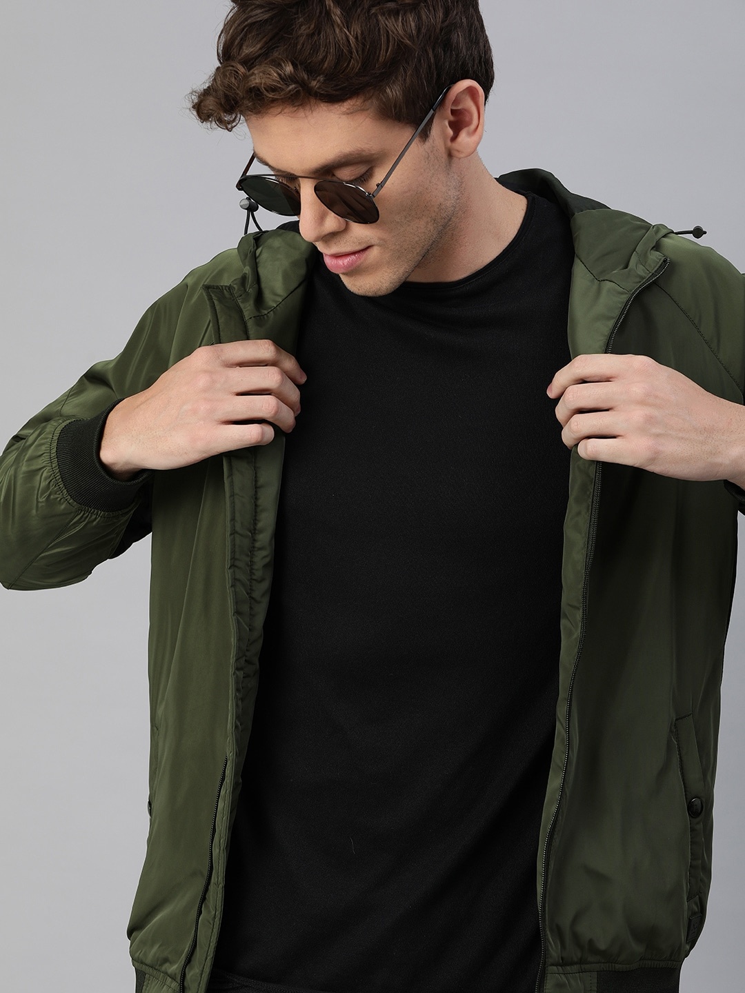 

WROGN Men Olive Green Solid Bomber Jacket