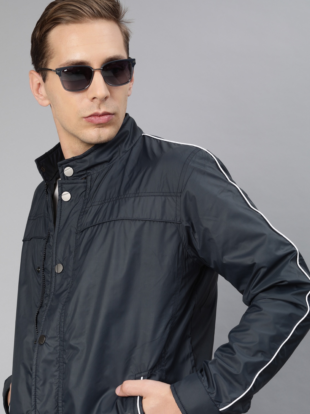 

WROGN Men Navy Blue Solid Biker Jacket