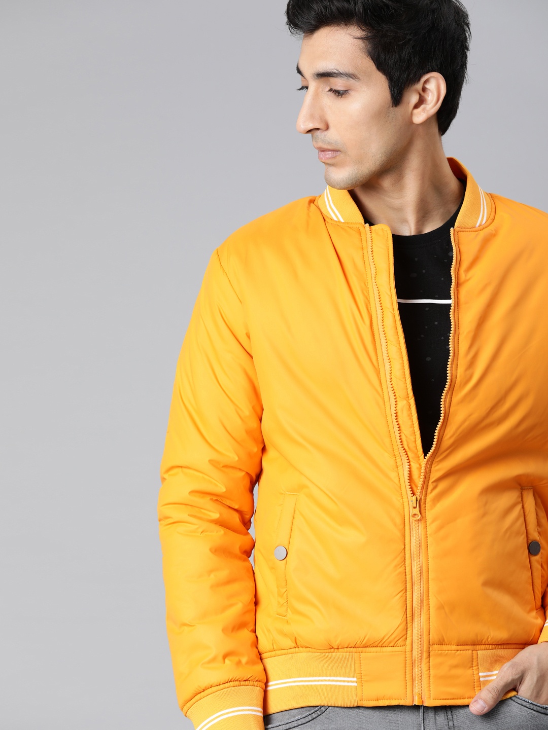 

WROGN Men Mustard Yellow Slim Fit Solid Bomber Jacket