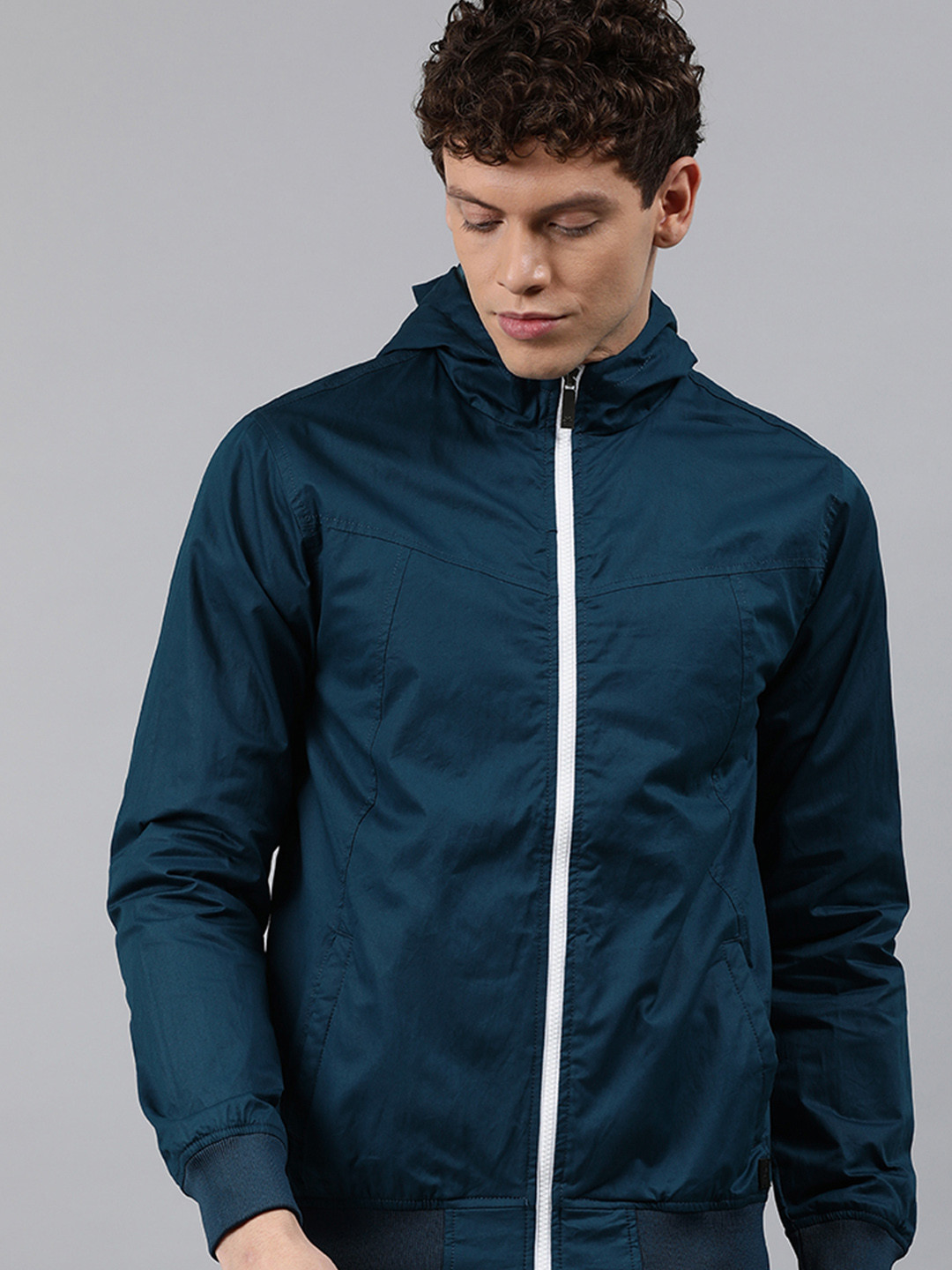 

WROGN Men Teal Blue Solid Hooded Bomber Jacket