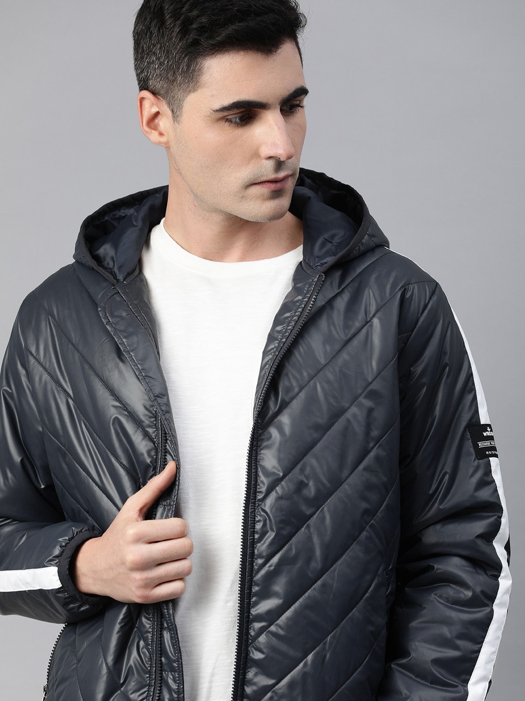 

WROGN Men Black Self Design Puffer Jacket