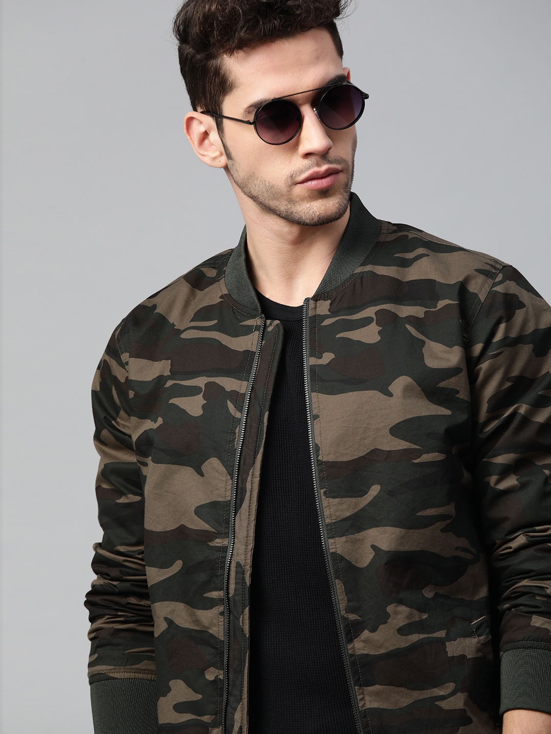 

WROGN Men Green & Brown Printed Camouflage Print Bomber Jacket